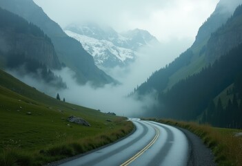 Fototapeta premium A winding road through a misty mountain valley.