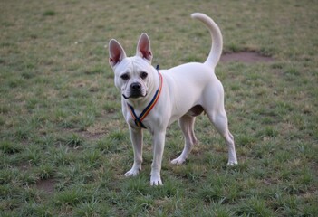 A white dog with a colorful harness stands on green grass.