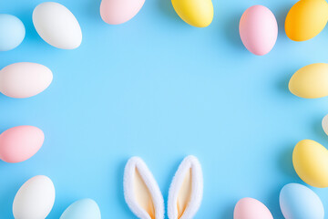 Obraz premium Easter Party Bunny Ears and Colorful Eggs on Pastel Blue Background Perfect for Holiday Celebrations