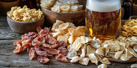 Wooden Table with Food and Beer