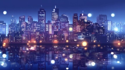 Fototapeta premium Vibrant City Skyline at Night with Architectural Reflections