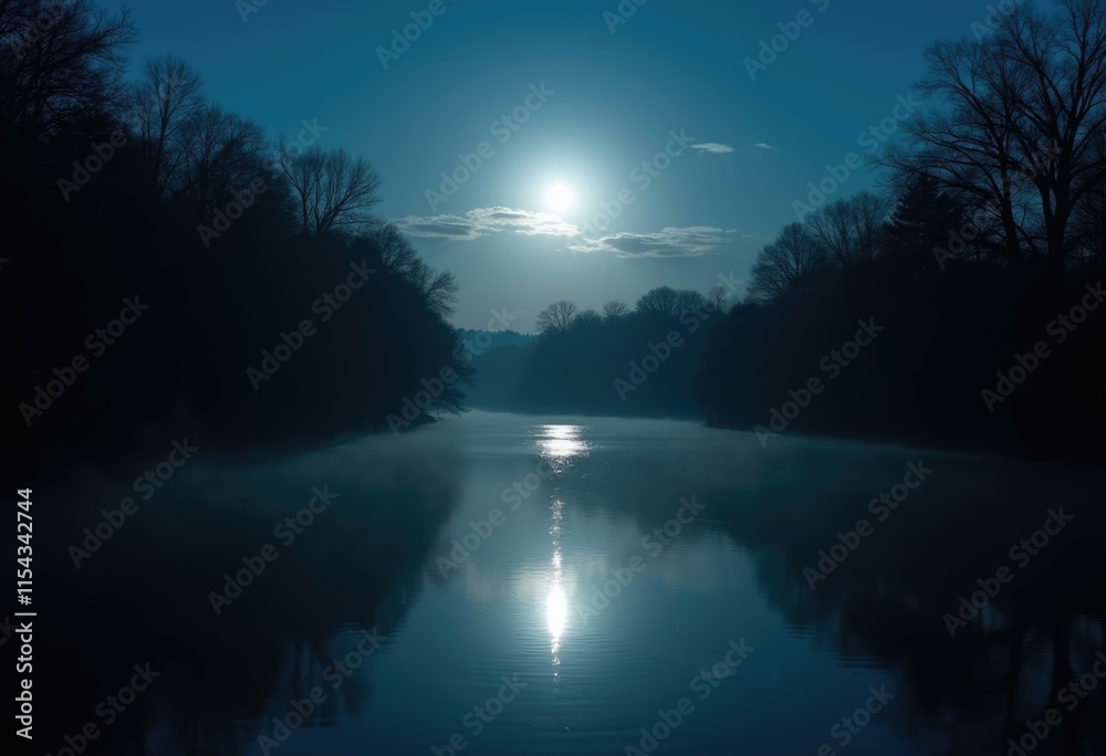 Poster Silhouetted trees line a tranquil lake reflecting a bright moon.