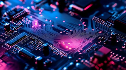 Obraz premium Close-Up Photo: Vibrantly Lit Circuit Board Glowing. AI Generated