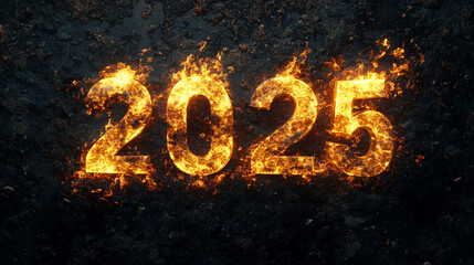 2025 text with fire effect isolated on dark background. Generative AI
