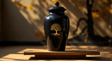 Black urn with gold tree design on a wooden platform, warm light with shadowed leaves, concept of life and elegant memorial