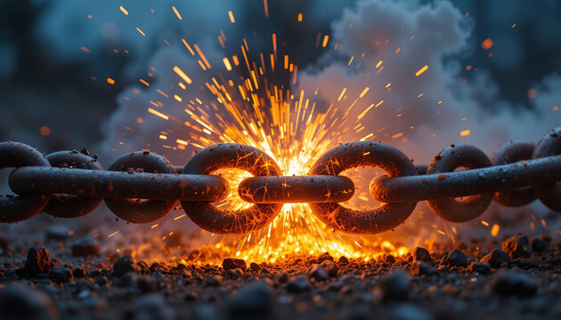 Heat-Induced Chain Breakage: Fiery Explosion of Glowing Rusted Metal with Sparks and Smoke