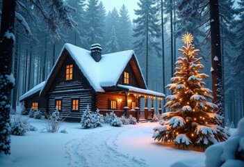 A cozy cabin in the snowy woods with a decorated Christmas tree.