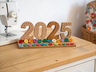 Wooden numbers 2025 decorated with buttons on desk with sewing machine