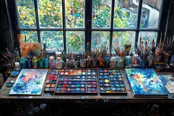 Creative workspace overhead view art supplies and paints high fidelity palette bright indoor environment artistic conceptualization