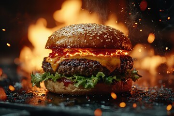 Juicy burger grilled to perfection kitchen food photography fiery environment closeup culinary delight