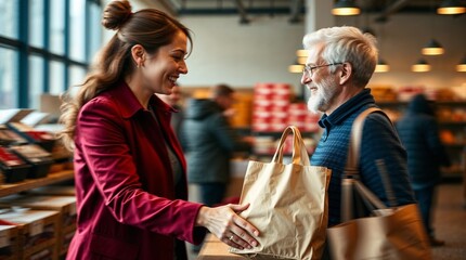 Fototapeta premium Woman smiling and handing a shopping bag to an elderly man in a busy store