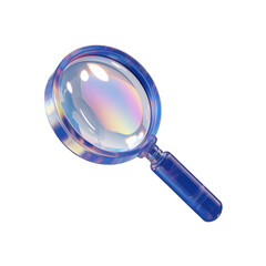 A 3D render of a blue magnifying glass with a holographic iridescent effect. The magnifying glass is floating in mid-air. The background is transparent.