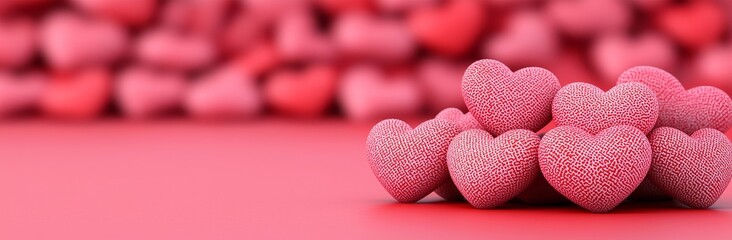 Fototapeta premium The trendy Viva Magenta color of the year 2023, featuring pink and red hearts, with sparkling glitter bokeh on a panoramic background banner, creates an abstract defocused texture header for