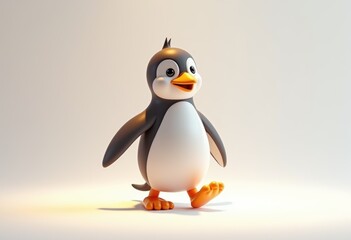 Obraz premium A cute cartoon penguin with a cheerful expression walking on a white background.