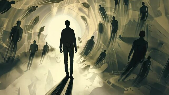 A lone figure stands amidst swirling human shadows, symbolizing the weight of memories and past relationships.