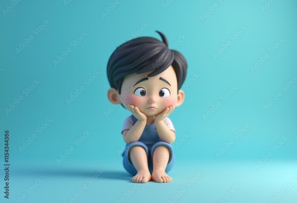 Poster A 3D cartoon boy sits with a thoughtful expression.
