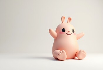 A cute  pink  cartoon bunny with big eyes and a wide smile sits on a white background.