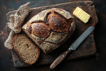 Artisan bread presentation on rustic cutting board cozy kitchen setting high fidelity visuals warm atmosphere captivating culinary concept