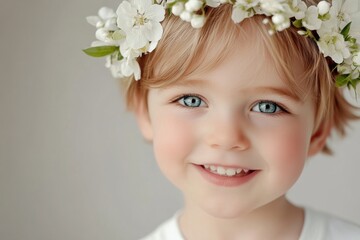 A joyful child adorned with a floral crown, radiating happiness and embodying the spirit of Easter celebrations with bright blue skies and blooming spring flowers in the background.