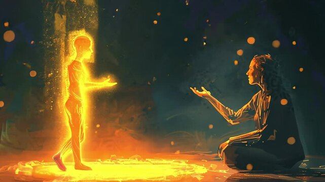 A glowing apparition of a child reaches out to a seated woman, symbolizing loss and emotional connection.