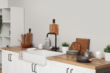 Counter with sink and utensils in kitchen. Closeup