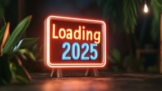 Loading 2025: A vibrant neon sign heralds the new year, glowing with anticipation against a dark, lush backdrop. Get ready! - Powered by Adobe