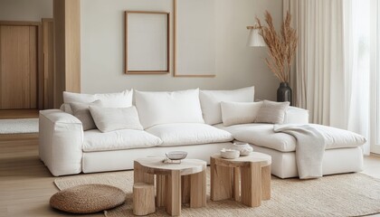 Modern Minimalist Living Room Interior Design Beige Sofa Wooden Furniture Neutral Decor