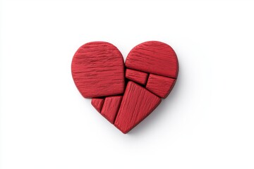 An isolated red heart-shaped wooden jigsaw puzzle, symbolizing love and Valentine's Day.