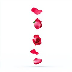 Fototapeta premium An isolated red rose petal floats on a white background, perfect for love greetings on Valentine's Day and Mother's Day, with space for text. Beautiful floral overlay with flying pink petals.