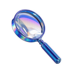 A 3D render of a blue magnifying glass with a holographic iridescent effect. The magnifying glass is floating in the air. The background is transparent.