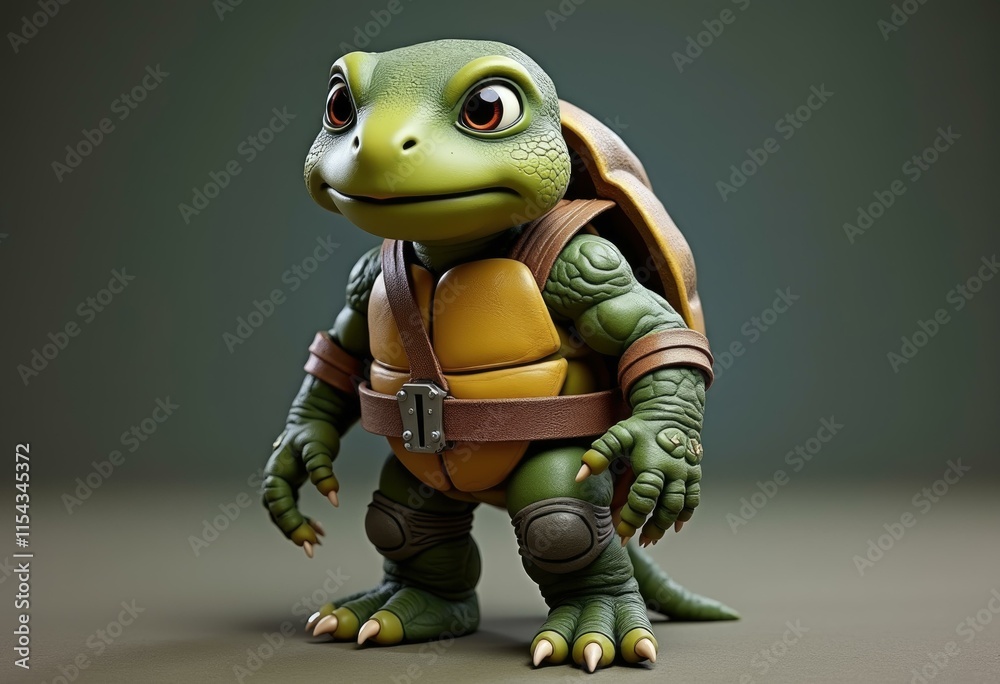 Poster A 3D rendered cute turtle with a yellow shell and brown straps.