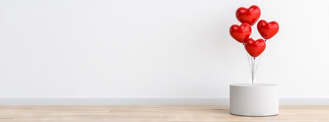 A 3D heart-shaped background with a podium, balloons, and pink decorations for a joyful Valentine's Day celebration, complete with gifts and a party atmosphere. This product stand features a 3D heart