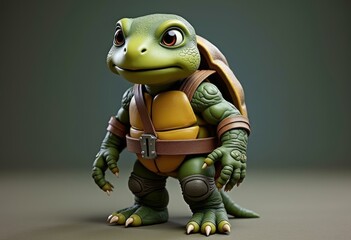 A 3D rendered cute turtle with a yellow shell and brown straps.