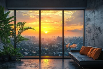 Urban sunset serenity modern apartment with panoramic city view contemporary design tranquil environment captured from inside