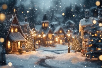 Fototapeta premium Charming winter village illuminated by street lamps with falling snow and festive decorations