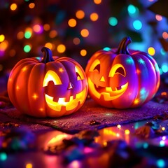Fototapeta premium Lit Orange Halloween Pumpkins Festive Fall Decor