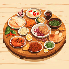 Authentic Middle Eastern Food Displayed on Wooden Table in Vector Illustration