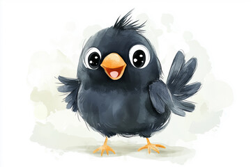 Fototapeta premium Cute happy crow cartoon created in watercolor style for nursery decor, featuring a minimalist design with cheerful expression.