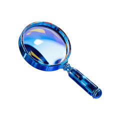 A 3D render of a blue magnifying glass with a holographic effect. The magnifying glass is floating in the air and has a glowing blue hue. The background is transparent.