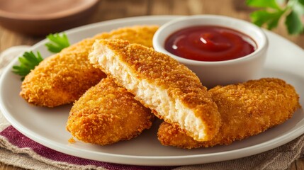 Appetizing Chicken Tenders with Dipping Sauce on Plate