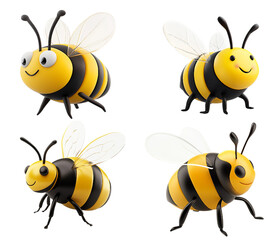 Set of 3D Icons of bee, cartoon style isolated on a transparent background, designed as a game art asset. Simple yet detailed design, vibrant colors, and isometric view
