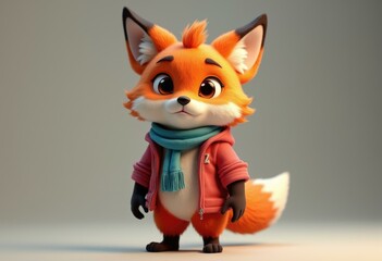 Obraz premium A cute cartoon fox wearing a red jacket and a blue scarf