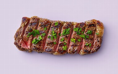 A tender New York strip steak, garnished with parsley, floating on a soft lavender background