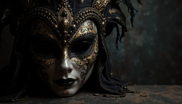 Black and Gold Carnival Mask on a Black Background