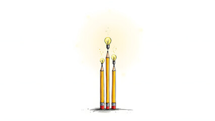 three pencils with lightbulb ideas hand-drawn illustration