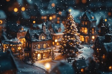 Naklejka premium Magical winter village illuminated by festive lights during a snowy night