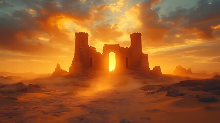 Obraz premium Sunset illuminating ancient castle ruins in a vast desert landscape.