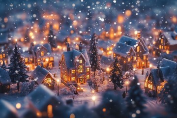 Fototapeta premium Winter wonderland with illuminated homes and falling snow in a cozy village setting at dusk