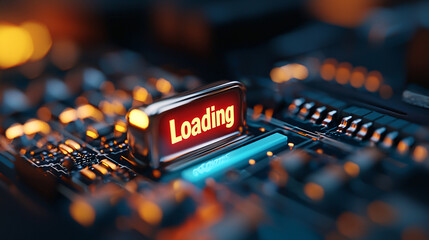 Digital Loading: A futuristic glow illuminates the 'Loading' sign on a sleek, technological circuit board.  Intriguing details await!