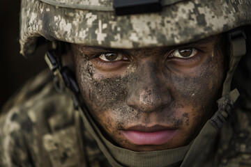Fototapeta premium man in a military uniform with a helmet on his head. He has dirt on his face and is looking at the camera